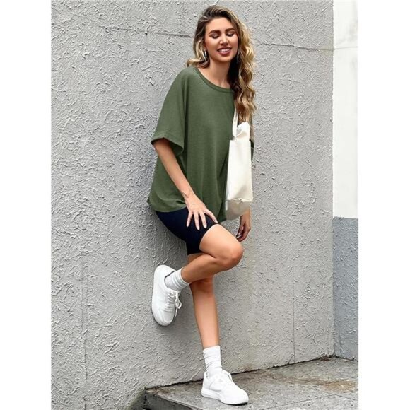 Women Army Green Oversized T-Shirt Summer Casual Short Sleeve Loose Tee Tops‎ - Picture 6 of 6